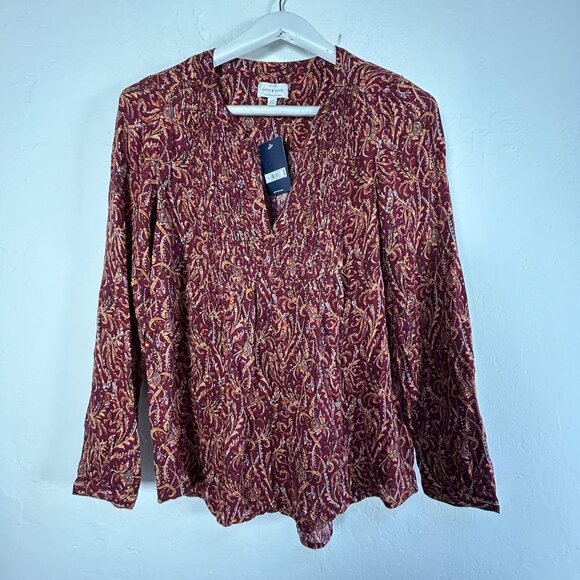 Lucky Brand Womens V-Neck Paisley Print Long Sleeve High Low Blouse Red New $99 - Picture 1 of 8